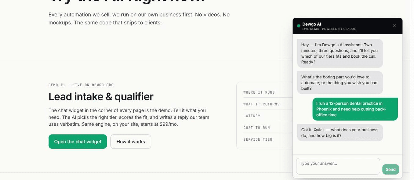 Live chat widget on dewgo.org qualifying an incoming lead