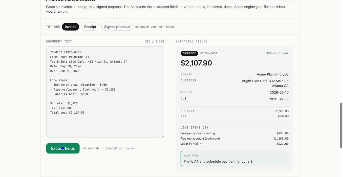 Document extractor pulling structured fields out of an invoice